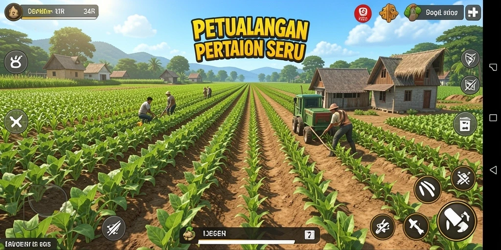 Tampilan gameplay 34R dengan kebun yang subur.