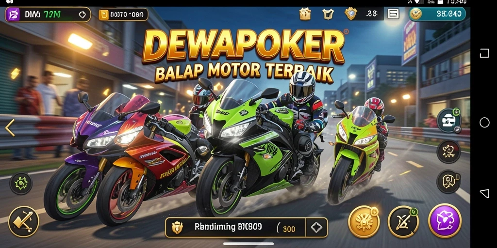 Tampilan gameplay menarik dari DEWAPOKER dengan motor balap.