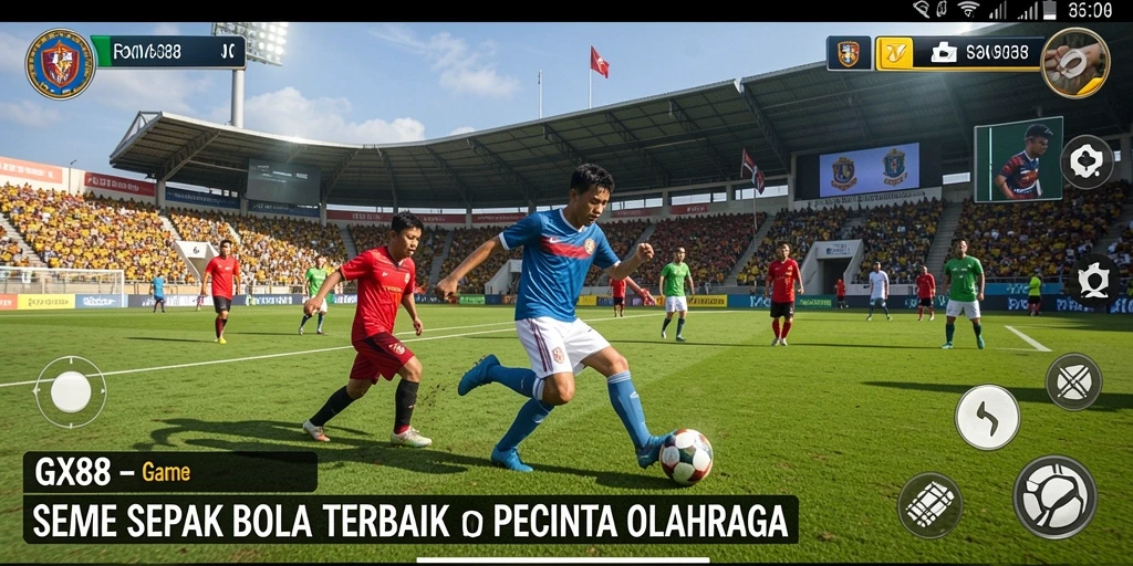 Tangkap layar GX88 menampilkan aksi pertandingan sepak bola yang seru.